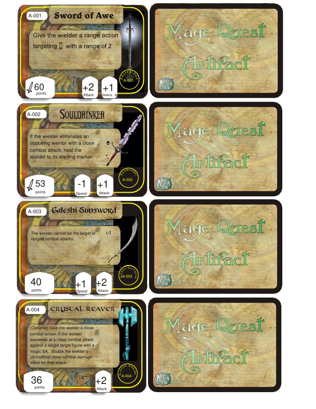 Printable MageQuest artifact cards including the Sword of Awe